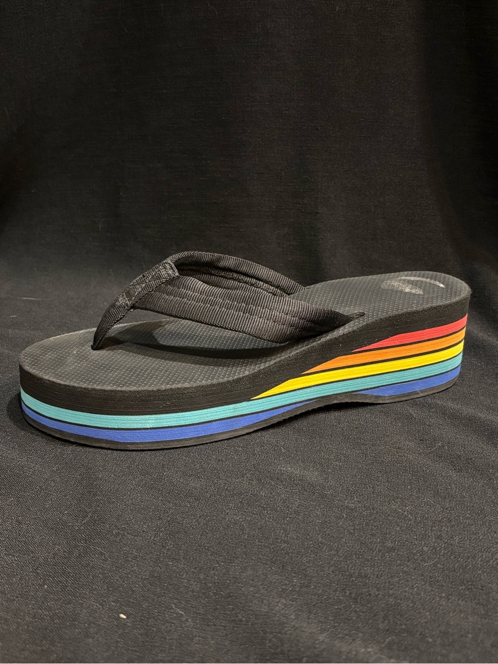 Rainbow Black Platform Flip Flop Sandal with Multicolor Stripe Sole Size 9